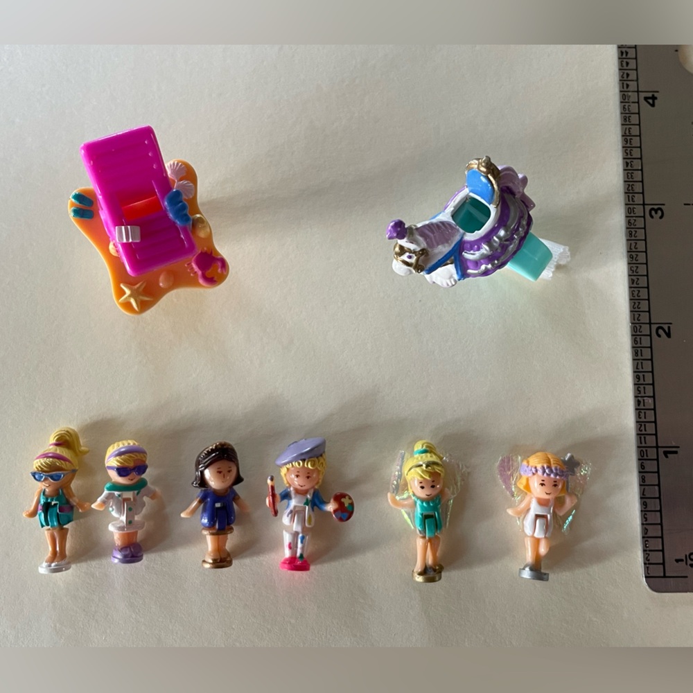 Lot of 6 vintage Polly Pocket dolls and 2 adjustable rings